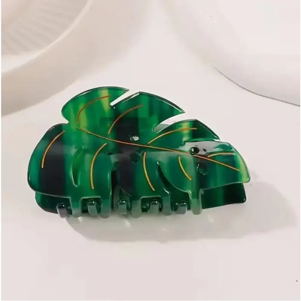 NEW ANTHROPOLOGIE Dark Green Gold Palm Monstera Leaf Plastic Hair Claw Clip